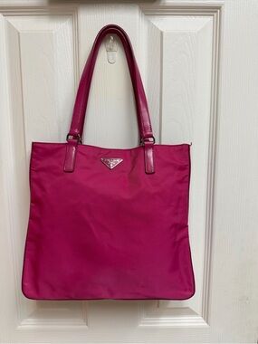 Prada Magenta Nylon Tote with Leather Handles